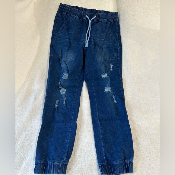 Jean Joggers Denim Ripped Loose Jeans High Waisted Stretch Drawstring - Picture 1 of 2